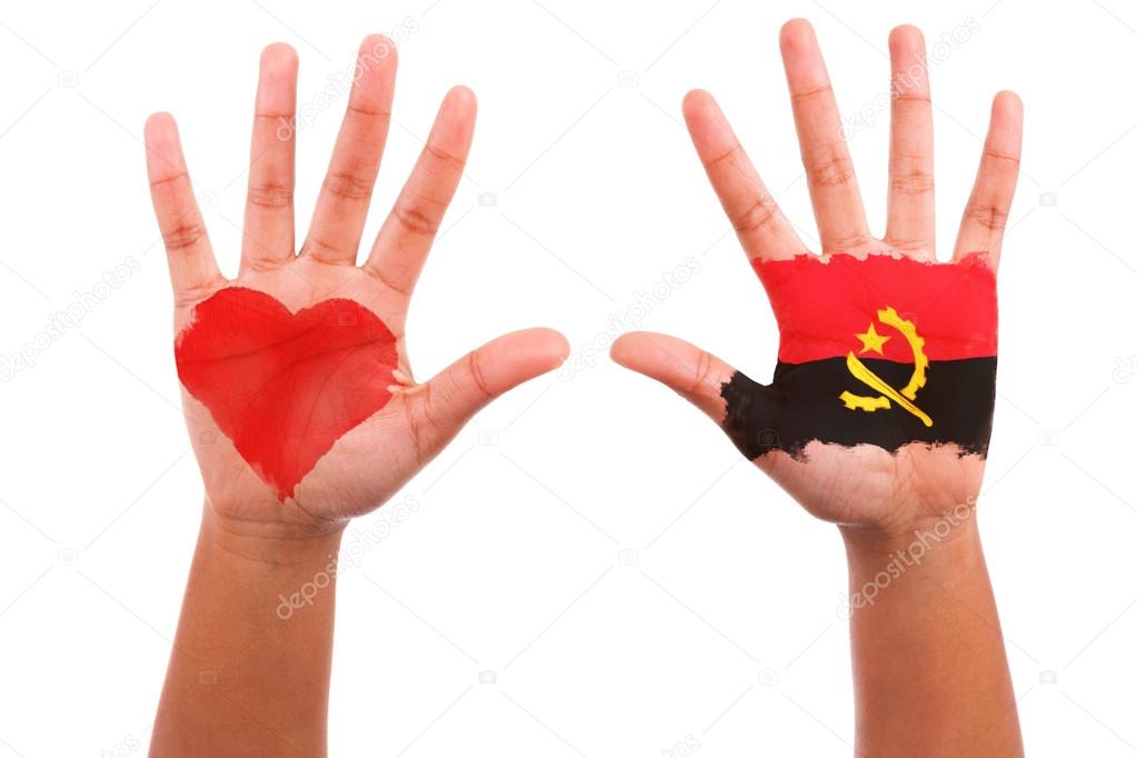 African hands with a painted heart and angolan flag, i love ang