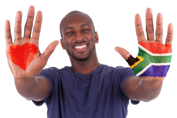 African man hands with a painted heart and south african flag, i