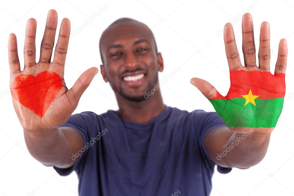 African man hands with a painted heart and burkinabe flag, i lov