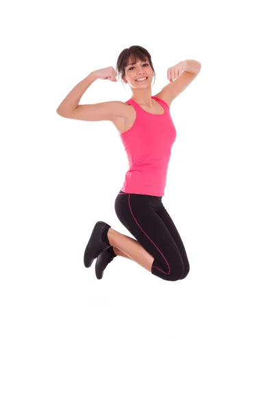 Perda de peso mulher fitness pulando de alegria — Fotografia de Stock