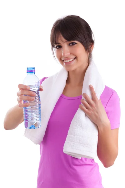 Joven mujer caucásica sosteniendo una botella de agua Imágenes de stock libres de derechos