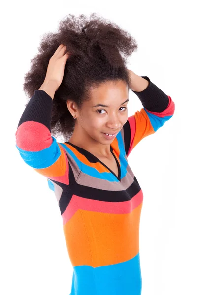 Black African American teenage girl holding her afro hair — Stock Photo, Image