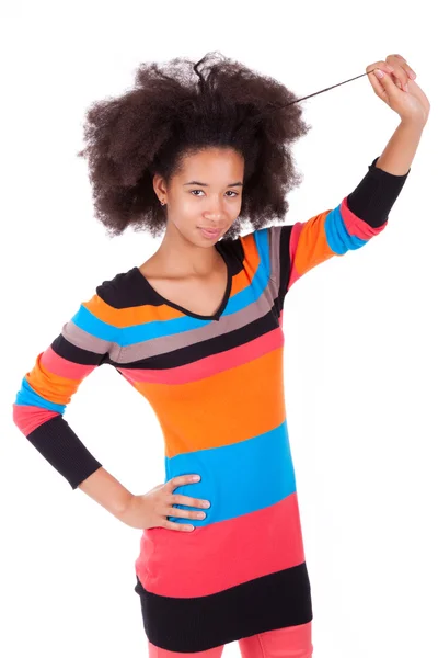 Black African American teenage girl holding her afro hair — Stock Photo, Image