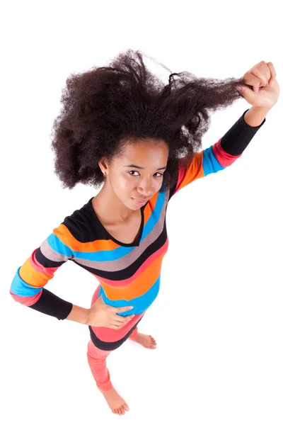 Black African American teenage girl holding her afro hair — Stock Photo, Image