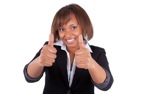 Sonriendo negro africano americano mujer de negocios haciendo pulgares hacia arriba —  Fotos de Stock