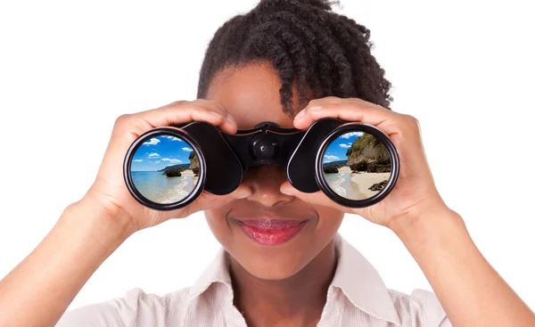 Young black african american business woman using binoculars l — Stock Photo, Image