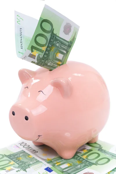 Smiling Piggy bank with euro bills — Stock Photo, Image