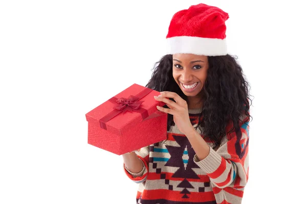 Young black African American woman opening a gift box — Stock Photo, Image