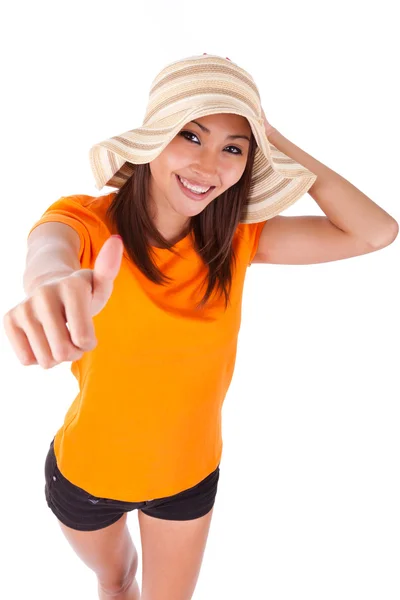 Portrait of a young beautiful asian woman making thumbs up - Asi — Stock Photo, Image