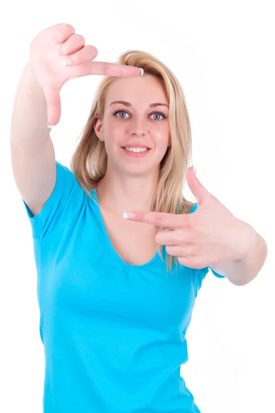 Jovem caucasiano adolescente fazendo quadro sinal com as mãos Ca — Fotografia de Stock