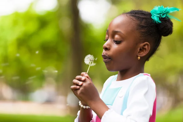 Outdoor portrait of a cute young black girl blowing a dandelion — Stock Photo, Image