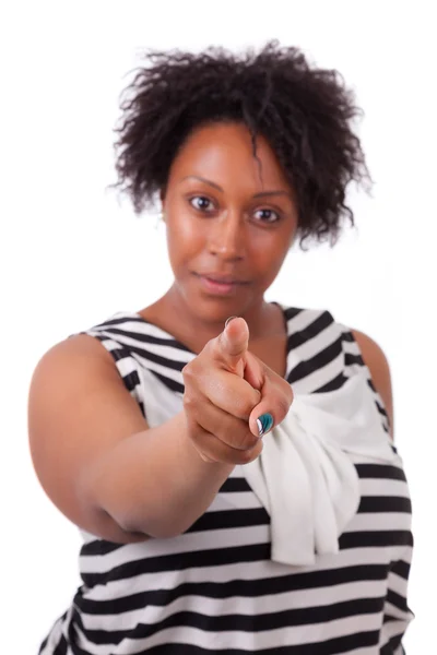 Young black woman pointing to the screen - African — Stock Photo, Image