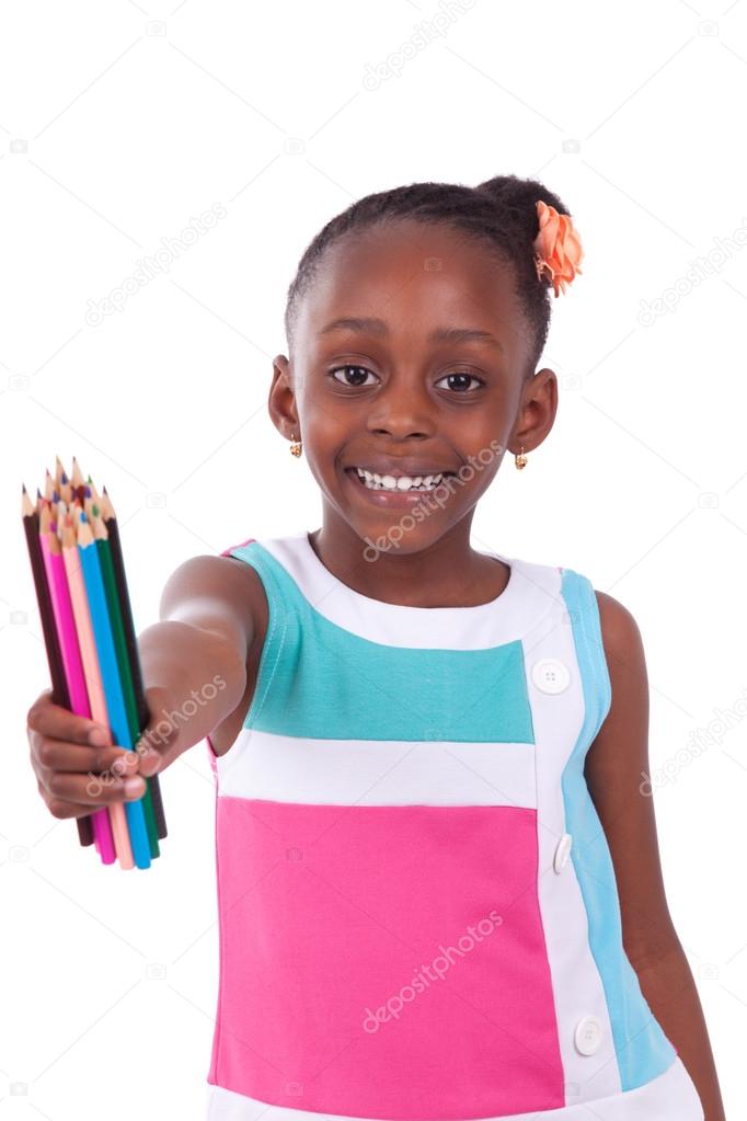 Cute black african american little girl holding color pencil - A