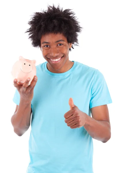 Young black teenage men holding a piggy bank and minking thumbs — Stock Photo, Image