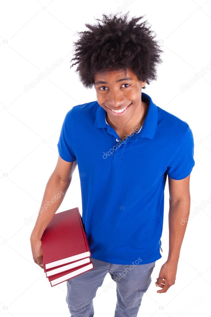 Young black teenage student men holding books - African