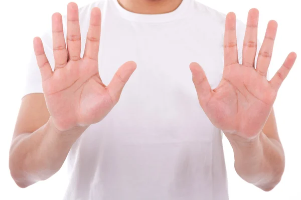 Joven caucásico hombre siembra sus manos palma — Foto de Stock