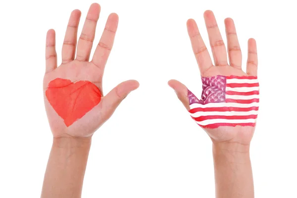 Hands with a painted heart and united states flag, i love usa co — Stock Photo, Image