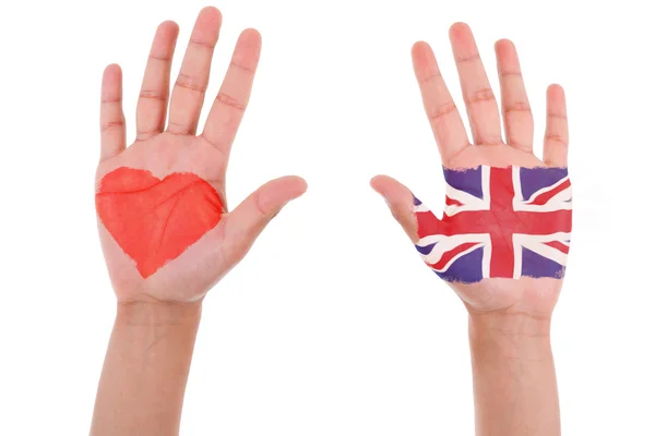 Manos con un corazón pintado y bandera del reino unido, me encanta uk co —  Fotos de Stock