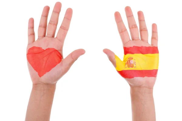 Händer med ett målat hjärta och spansk flagg, jag älskar Spanien begreppsmässigt — Stockfoto