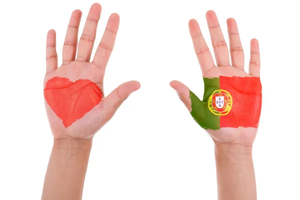 Hands with a painted heart and portuguese flag, i love portugal — Stock Photo, Image