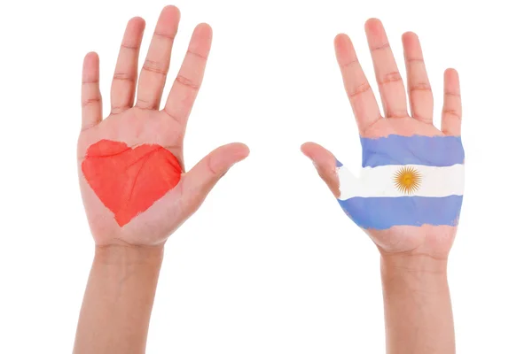 Manos con corazón pintado y bandera argentina, me encanta argentin — Foto de Stock