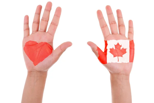 Manos con un corazón pintado y bandera canadiense, me encanta conc canada — Foto de Stock