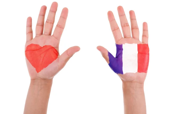 Ręce z sercem malowane i flaga francuski, kocham Francji concep — Zdjęcie stockowe