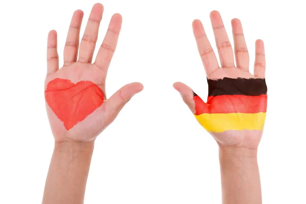 Händer med ett målat hjärta och tysk flagg, jag älskar Tyskland conce — Stockfoto