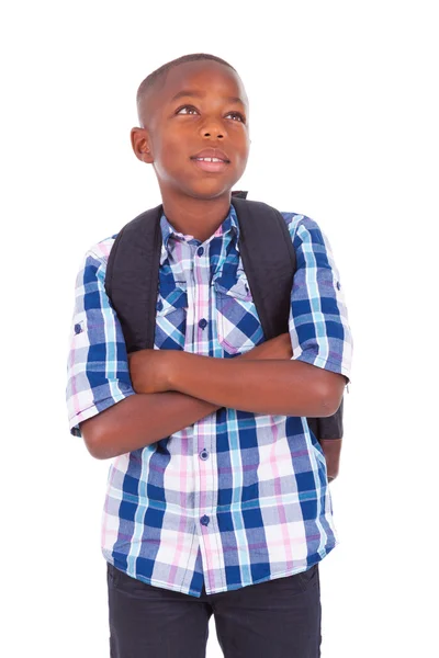 Niño de escuela afroamericano mirando hacia arriba - gente negra — Foto de Stock