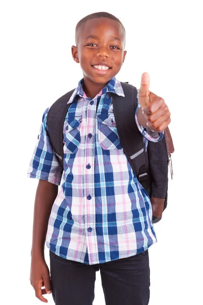 Niño de escuela afroamericano haciendo pulgares hacia arriba - gente negra — Foto de Stock