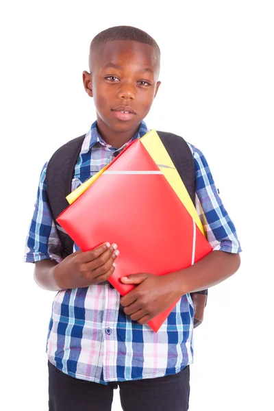 Menino da escola afro-americana, segurando pastas - pessoas negras — Fotografia de Stock