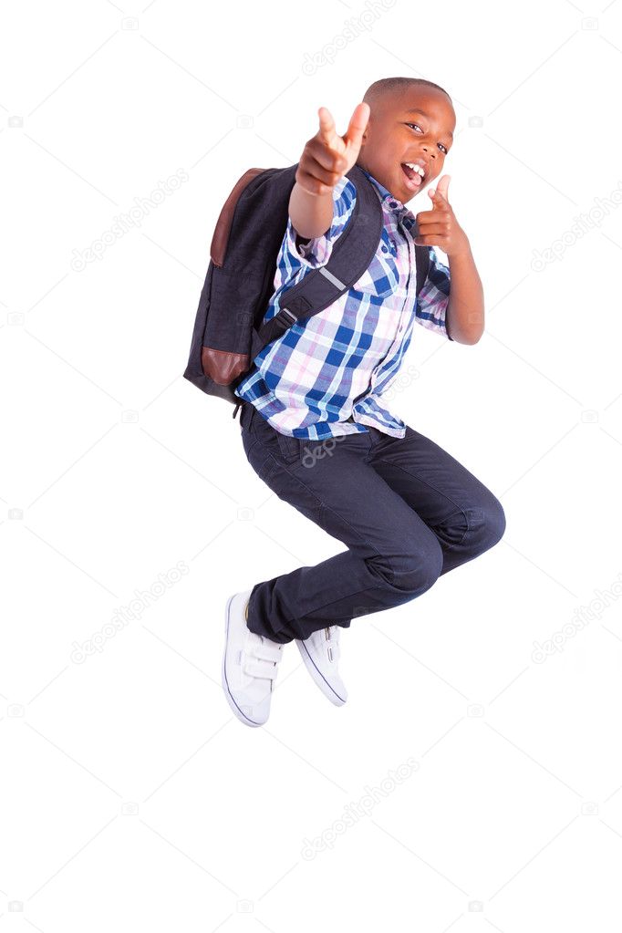 African American school boy jumping and making thumbs up - Black
