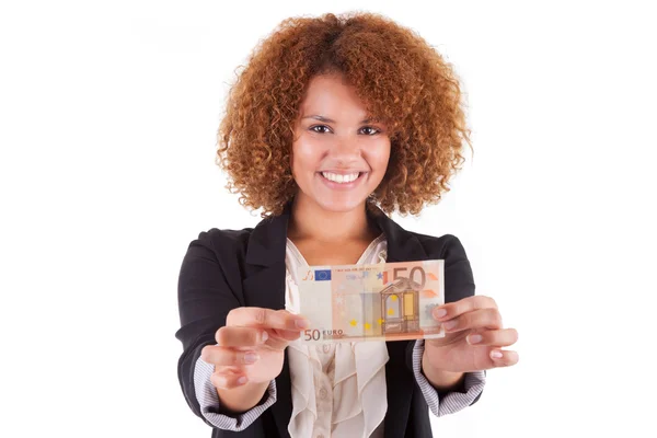 Junge afrikanisch-amerikanische Geschäftsfrau mit einem Euro-Schein - afri — Stockfoto