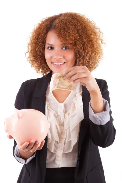 Young african american business woman holding a piggy bank - Afr — Stock Photo, Image