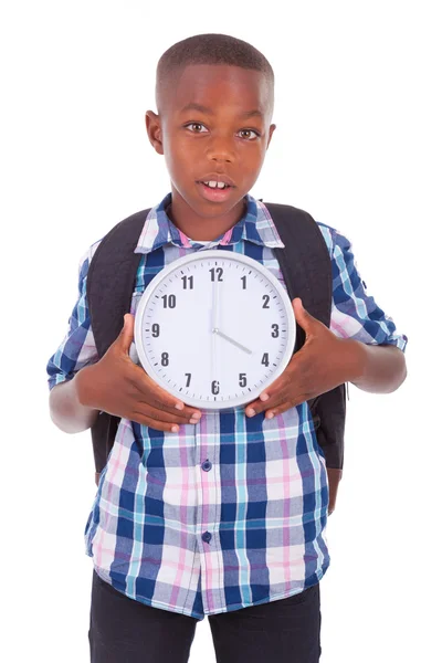 Афроамериканский школьник держит часы - чернокожие люди — стоковое фото