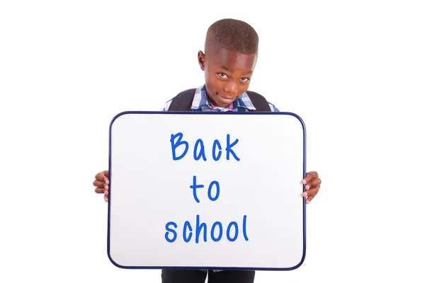 African American school boy holding a blank board - Black people — Stock Photo, Image