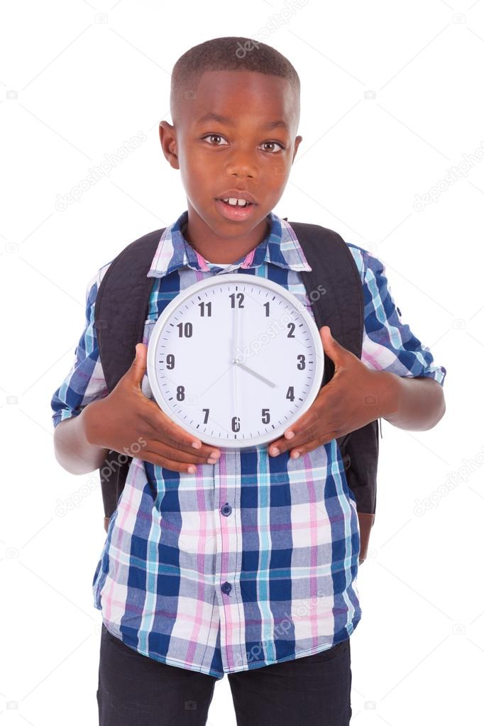African American school boy holding a clock - Black people