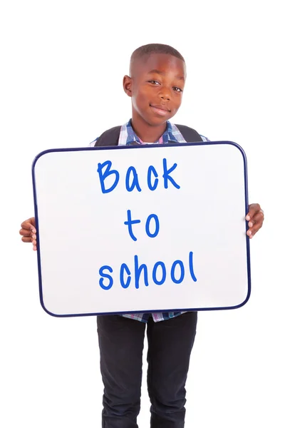 African American school boy holding a blank board - Black people — Stock Photo, Image