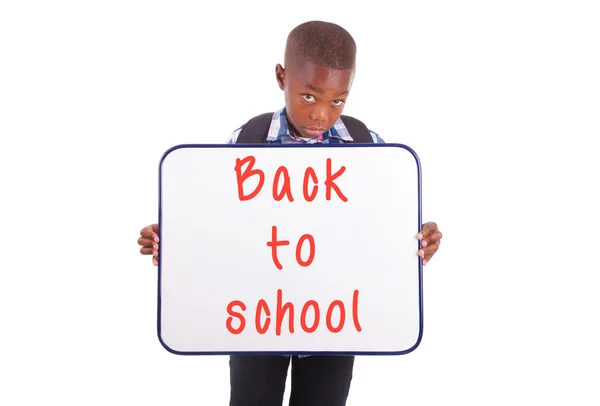 African American school boy holding a blank board - Black people — Stock Photo, Image