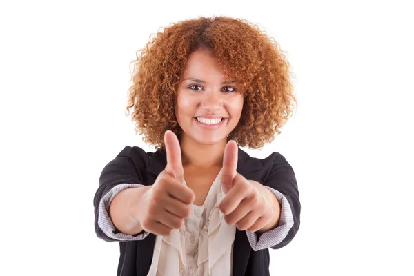 Retrato de una joven mujer de negocios afroamericana haciendo pulgar — Foto de Stock