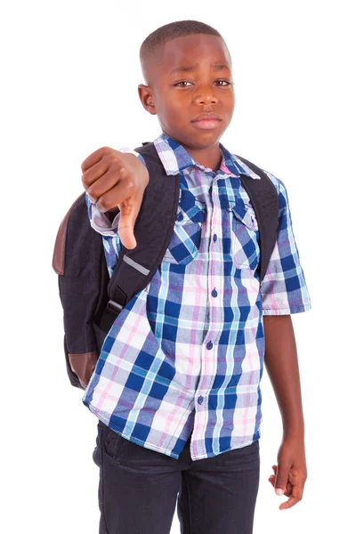 Niño de escuela afroamericano haciendo pulgares hacia abajo - gente negra —  Fotos de Stock