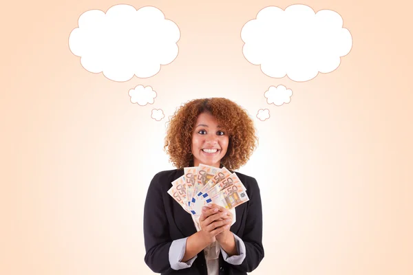 Young african american business woman holding euro bills - Afric — Stock Photo, Image