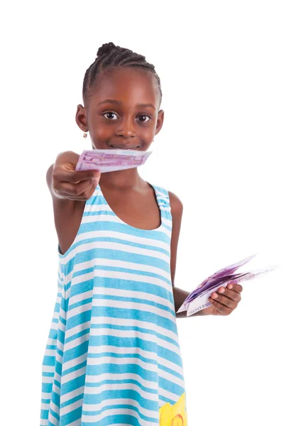 Αφρικανική κοριτσάκι κρατώντας 500 εκατό ευρώ peopl λογαριασμούς - μαύρο — Φωτογραφία Αρχείου