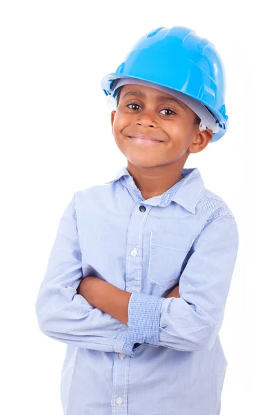 African American little boy wearing a protection hat - Black pe — Stock Photo, Image