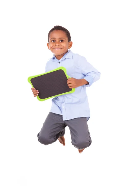 African American school boy holding a blank black board - Black — Stock Photo, Image