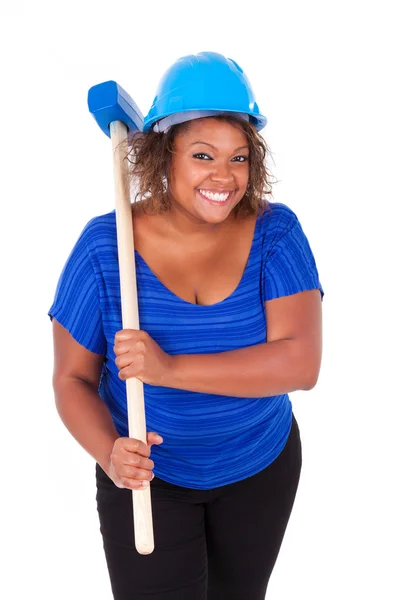 African American woman holding a demolition hammer - Black peop — Stock Photo, Image