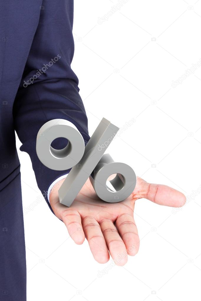 Business man holding a 3d percent symbol in hand palm