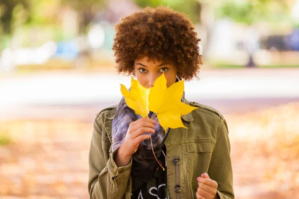 Autumn outdoor portrait of beautiful African American young woma — Stock Photo, Image