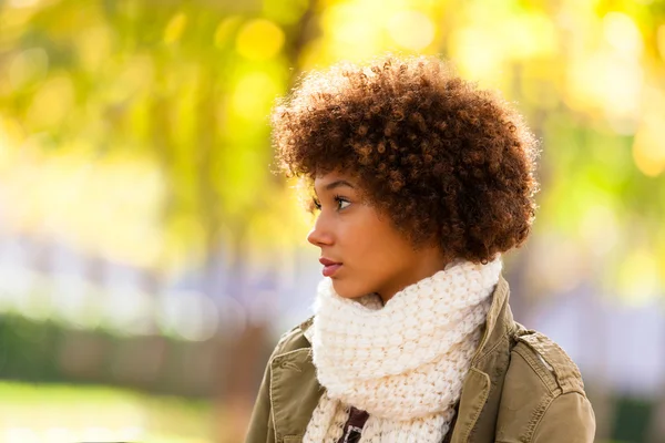 Herbst Outdoor-Porträt der schönen afrikanisch-amerikanischen jungen Frau — Stockfoto