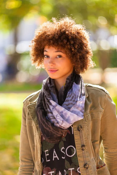 Güzel Afrikalı-Amerikalı genç kadını sonbahar açık portresi — Stok fotoğraf